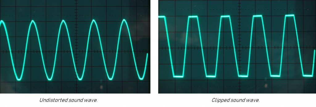 Two sound waves side by side. One on left shows an even rhythm with rounded peaks and valleys with the caption "Undistorted sound wave." and the one on the right shows peaks and valleys that are flattened or constrained with caption "Clipped sound wave."