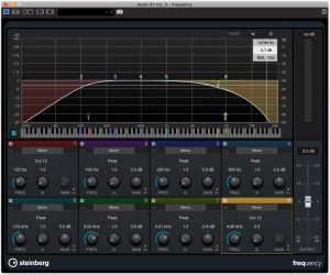 eq tech fig 5 Closeup of front panel of Steinberg Frequency unit with the wave pattern visible.