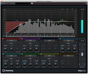 eq tech fig 9 Closeup of front of a Steinberg Frequency unit with both a wave and frequency bars on screen.
