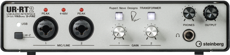 Fig 4 Rectangular audio interface with series of inputs, outputs, and knobs.