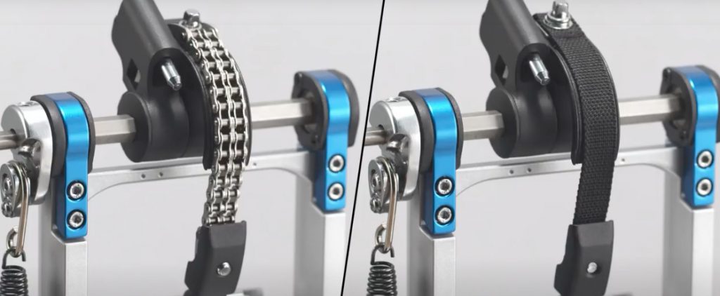 Components_FootPedalFig5 Drum pedal comparison with one pedal having a chain drive and the other pedal having a belt drive.