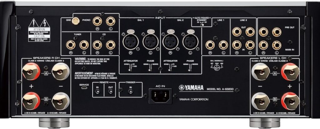 AS3200 rear The rear panel of the Yamaha A-S3200 integrated amplifier.