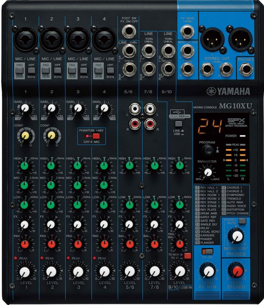 Fig. 2 The Yamaha MG10XU mixer offers plenty of channels and a USB output.