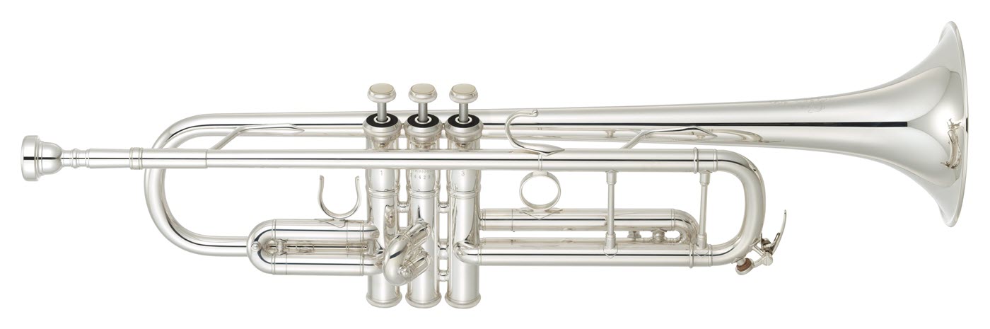 YTR-9335CHS-trumpet-1400 Close-up of a modern trumpet seen in profile.