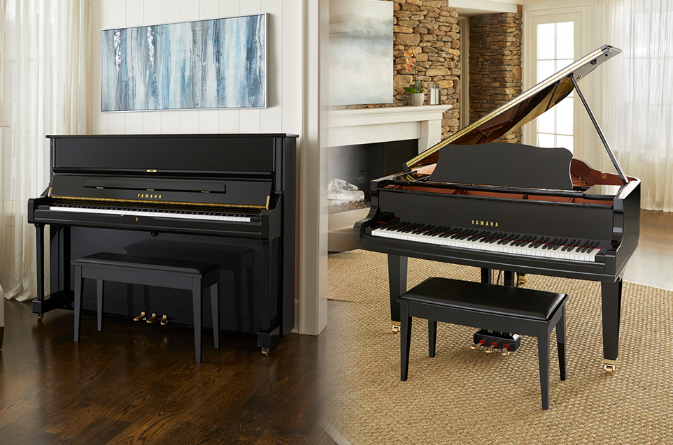 An upright and a grand piano in living room setting, side-by-side.