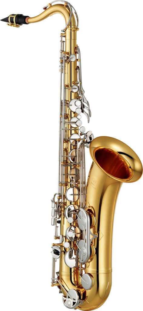 YTS-26-1000. Gold colored tenor saxophone with silver colored keys.