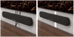 Two images of a television and sound bar interconnected with wires; the image on the left shows the wires hidden by a cover.