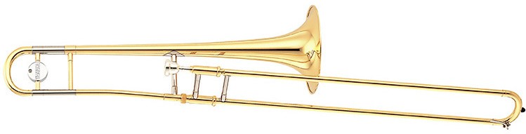 SL-354-trombone Gold trombone seen in profile.