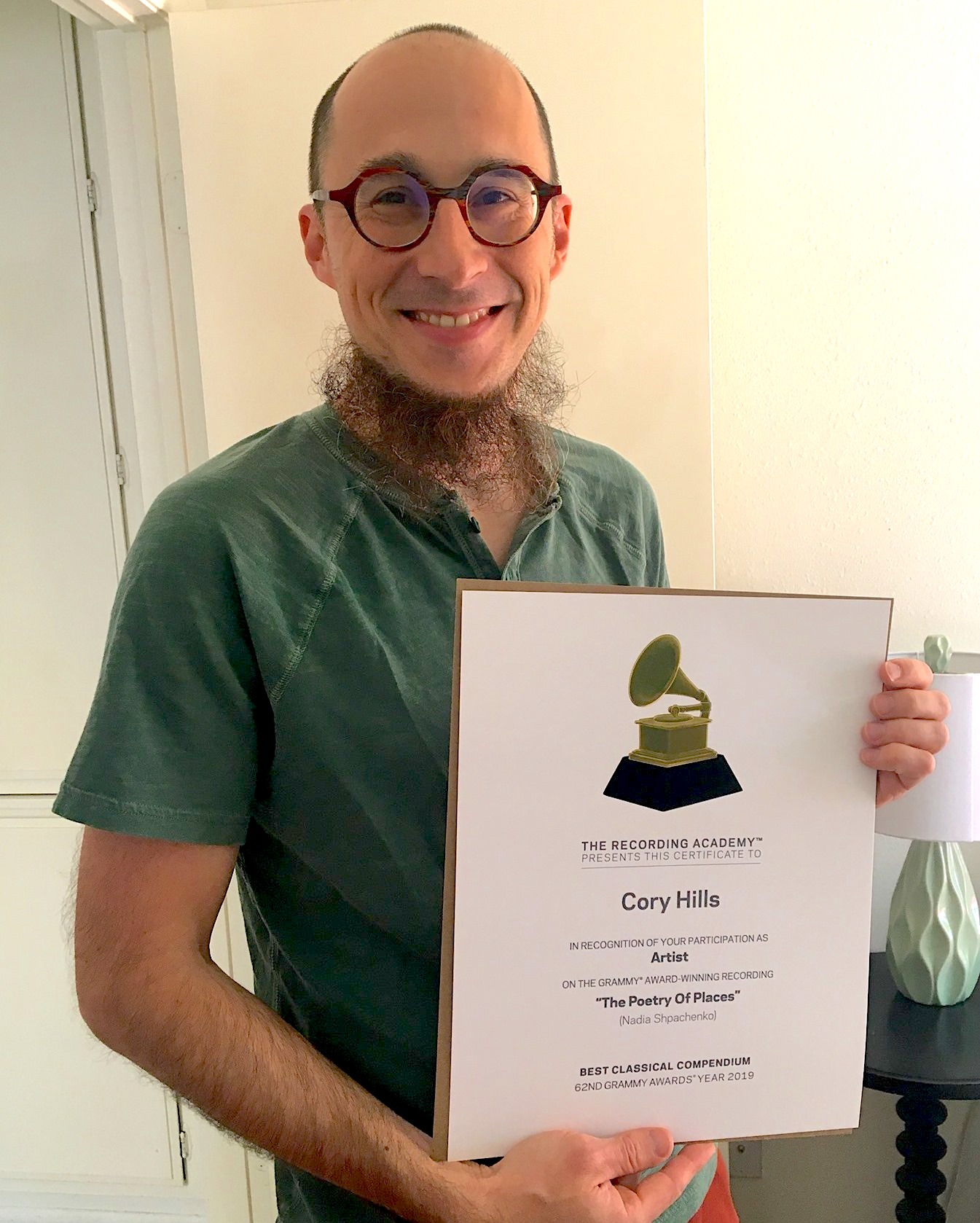 Cory_Grammy-copy Man with certificate with image of Grammy award.
