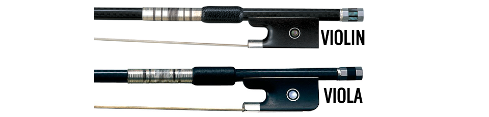 Violin-vs-Viola-Bow Closeup of a violin and a viola bow.