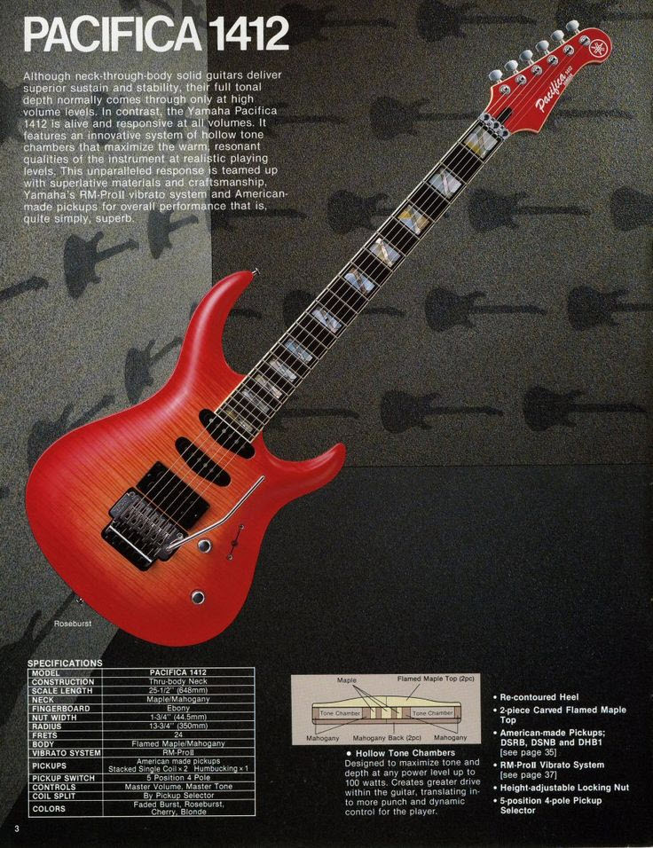 yamaha-pacifica-1412-catalog Print advertisement for guitar.