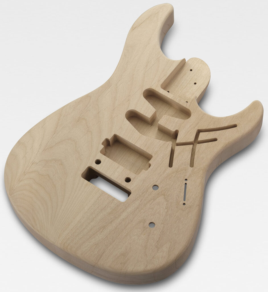 PACAcousticDes-resize Unfinished wooden body of an electric guitar.